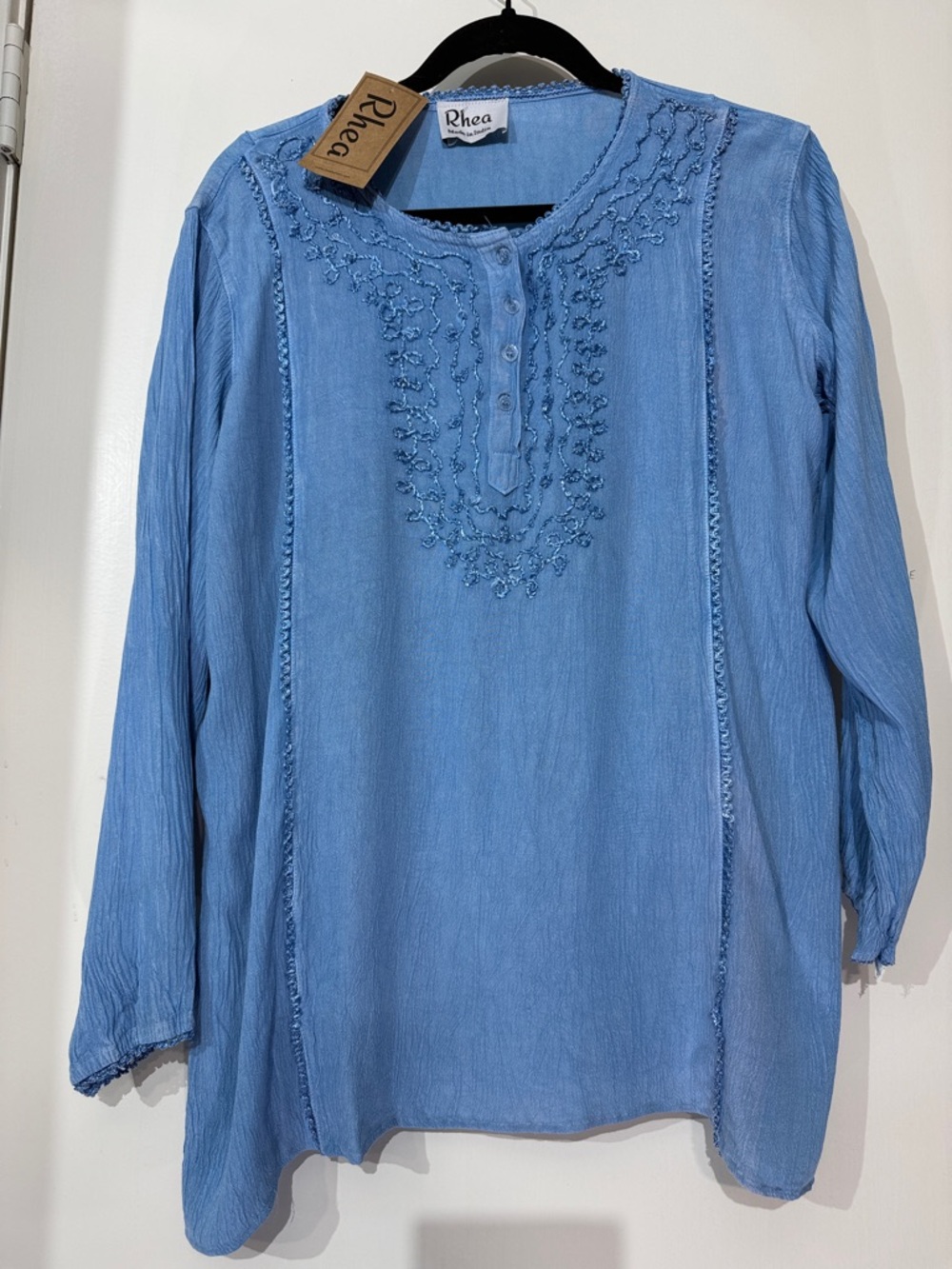 Women's Embroidered Blue Long-Sleeve Tunic Top